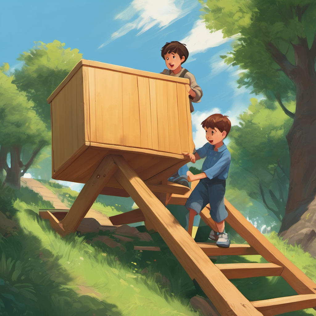 Together, the two boys began pushing the box up the inclined plane. Isaac explained to the boy how the inclined plane allows them to exert less force compared to lifting the box straight up. As they continued pushing, they noticed that the box was moving smoothly and easily up the ramp. "Wow, this is so much easier with the inclined plane!" the boy exclaimed. Isaac nodded, feeling proud that he could help someone understand how simple machines make tasks simpler. They successfully reached the top of the ramp, where the box was positioned exactly where it needed to be.