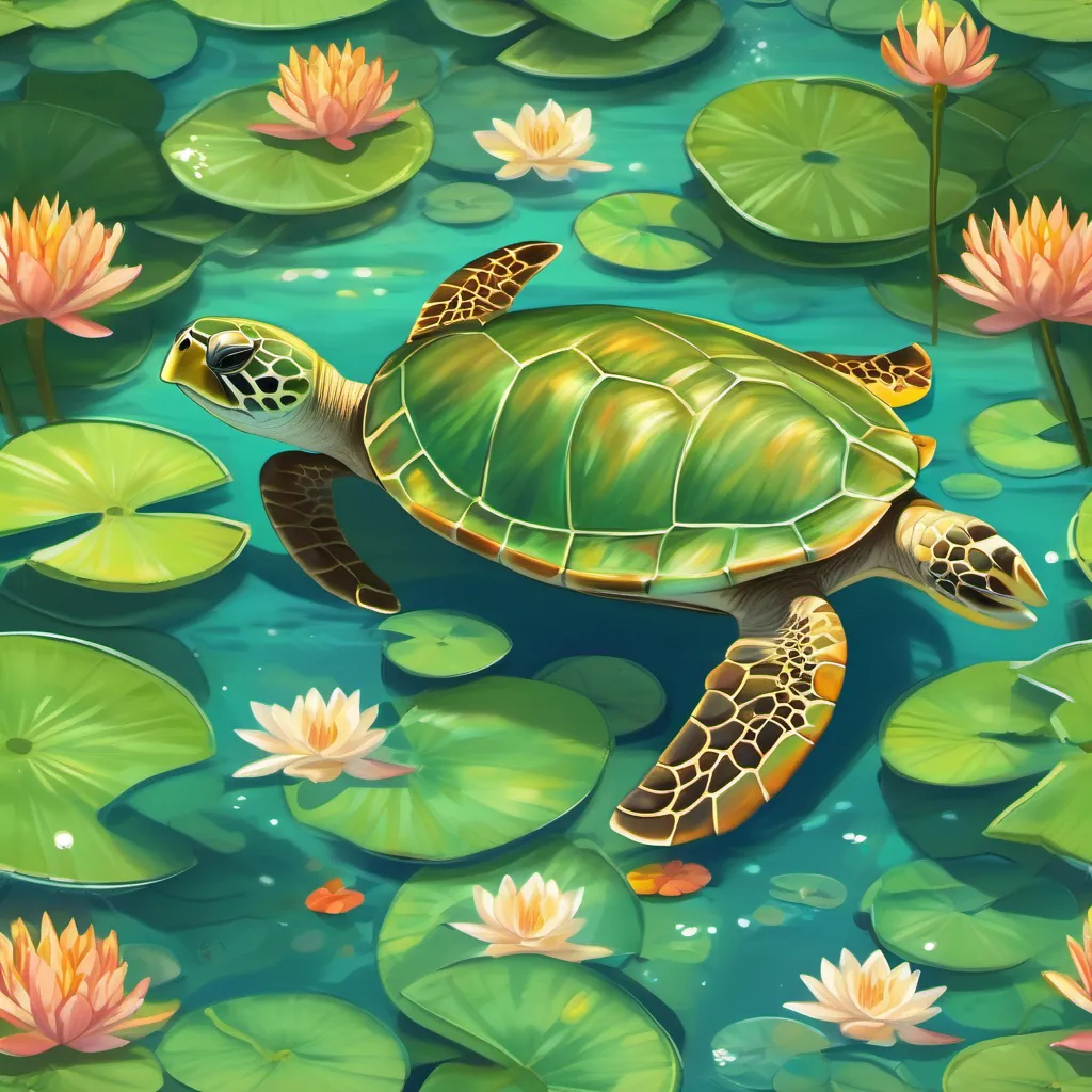 A charming, green turtle with a bright shell swimming in a whimsical pond surrounded by lily pads and dragonflies.