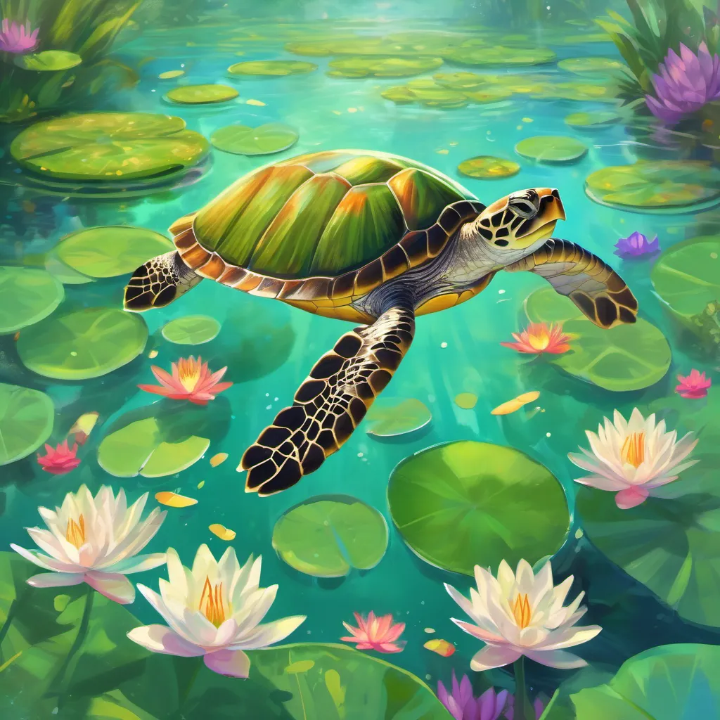 A charming, green turtle with a bright shell swimming in a whimsical pond surrounded by lily pads and dragonflies the turtle smiling and surrounded by a group of animal friends, each displaying joyful expressions and varied features.