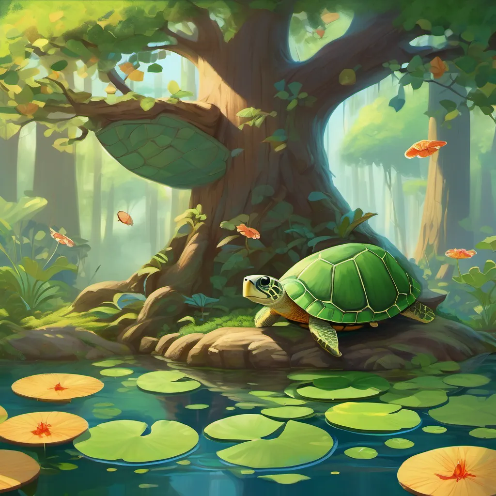 Forest scene with animals playing hide and seek; A charming, green turtle with a bright shell swimming in a whimsical pond surrounded by lily pads and dragonflies finding a hiding spot near a giant tree with expansive roots.