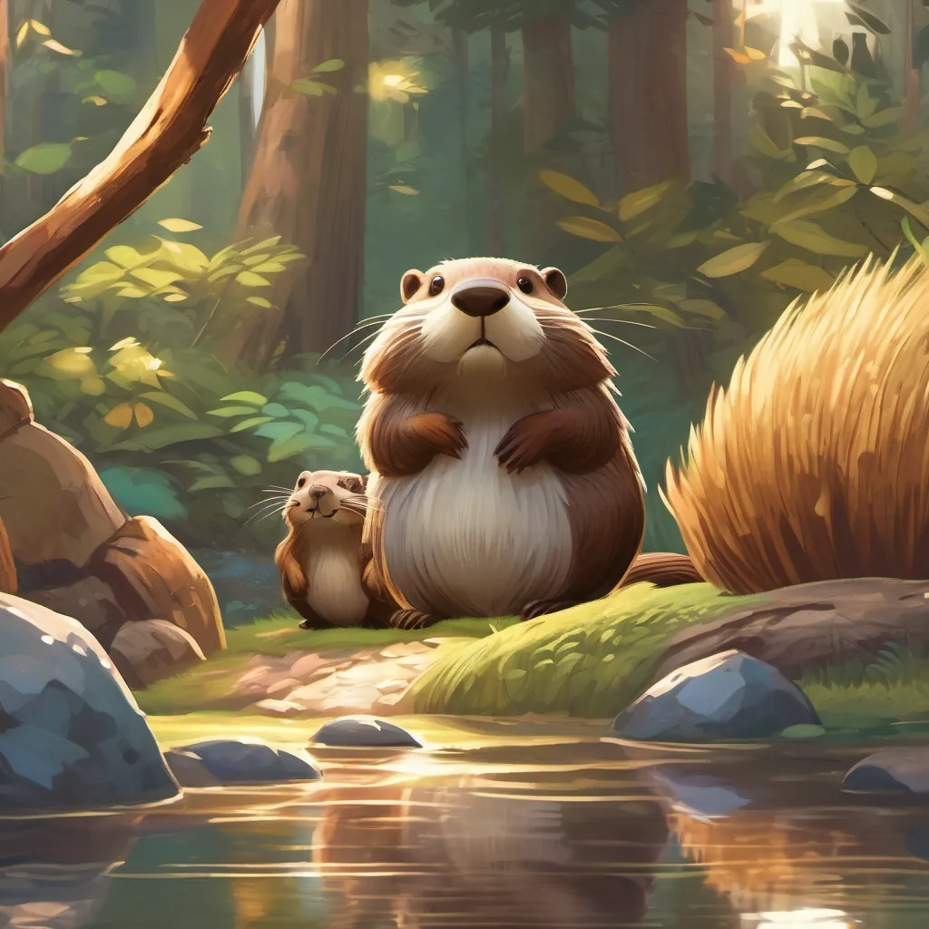 An overconfident beaver with shiny fur boasting to other animals who look both amazed and skeptical.