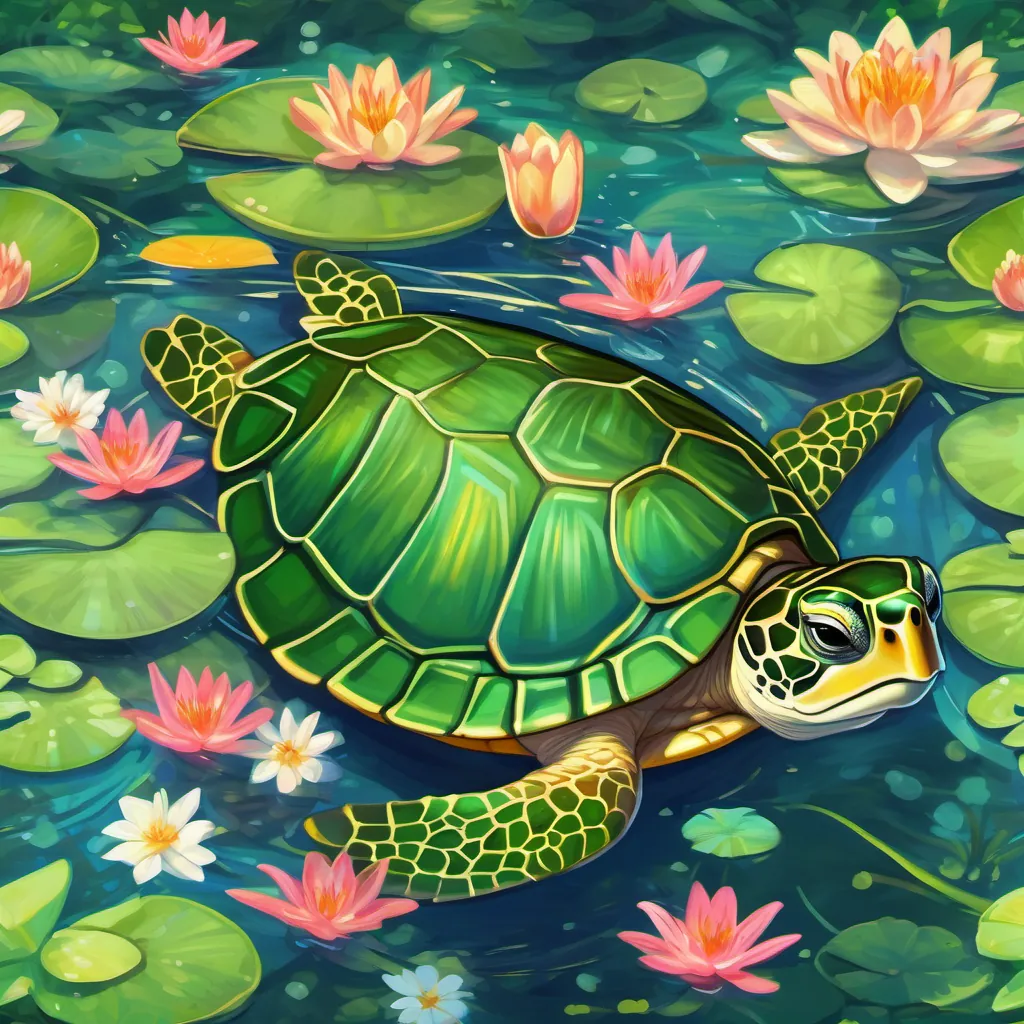 A charming, green turtle with a bright shell swimming in a whimsical pond surrounded by lily pads and dragonflies the turtle talks to friends who look puzzled; she seems wise and cautious, contrasting with the eager expressions of others.