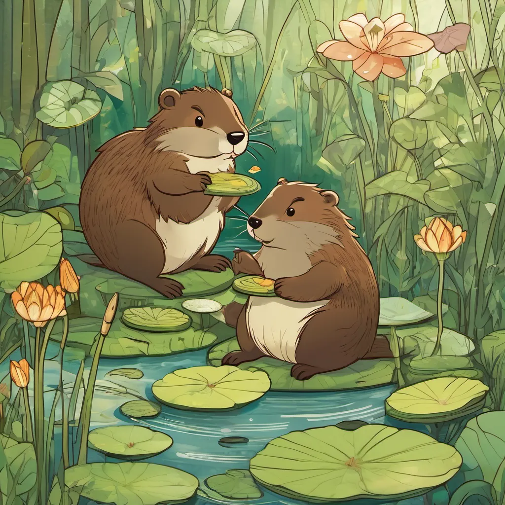 An overconfident, shiny-furred beaver who loves to boast and often tells tall tales the Beaver looking frustrated and determined, while A charming, green turtle with a bright shell swimming in a whimsical pond surrounded by lily pads and dragonflies remains calm and skeptical; other animals have mixed expressions.