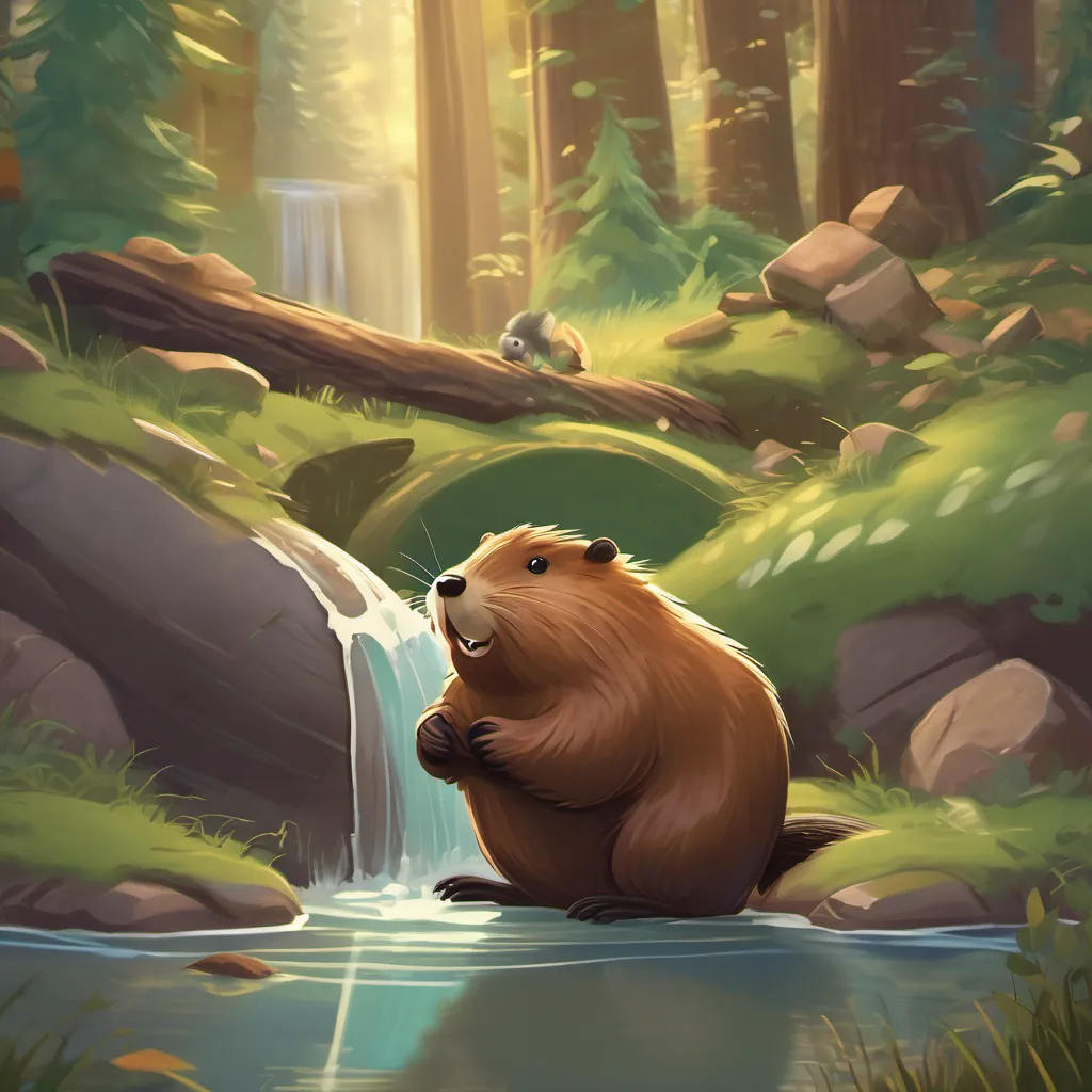 An overconfident, shiny-furred beaver who loves to boast and often tells tall tales the Beaver struggling and panicking inside the well; other animals are startled but try to figure out a way to help.