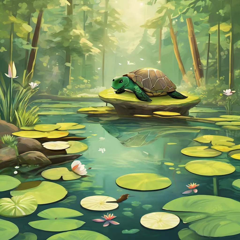 A charming, green turtle with a bright shell swimming in a whimsical pond surrounded by lily pads and dragonflies calmly helping An overconfident, shiny-furred beaver who loves to boast and often tells tall tales the Beaver out of the well with wise and understanding expressions in a sweet forest setting.