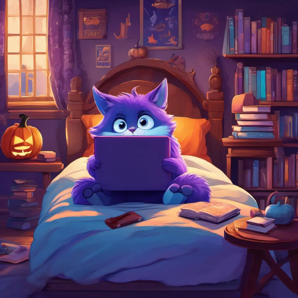 Blue fur, purple eyes, bright smile Friendly and adventurous sitting on a comfortable bed, surrounded by books and a laptop, with a sign that says 'College' hanging on the wall.