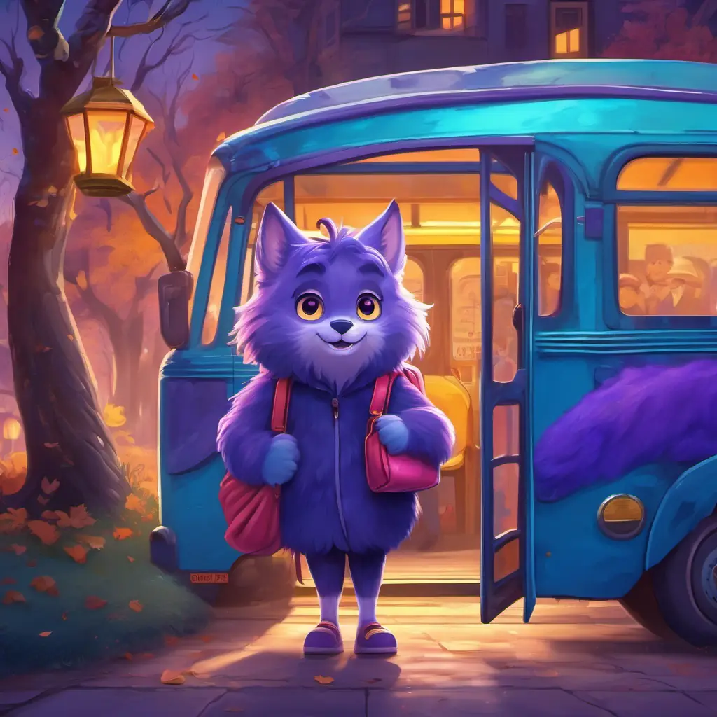 Blue fur, purple eyes, bright smile Friendly and adventurous standing at a colorful bus stop, holding a big bag and waving goodbye to their family.