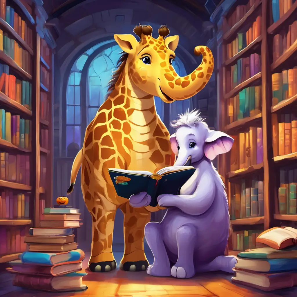 Blue fur, purple eyes, bright smile Friendly and adventurous, Yellow fur, long neck, kind eyes Gentle and wise the giraffe, and Gray skin, big ears, mischievous eyes Playful and helpful the elephant studying together in a vibrant library filled with books and colorful decorations.