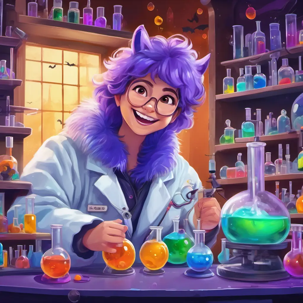 Blue fur, purple eyes, bright smile Friendly and adventurous sitting in a science lab, surrounded by test tubes, colorful liquids, and scientific equipment, with a big smile on their face.