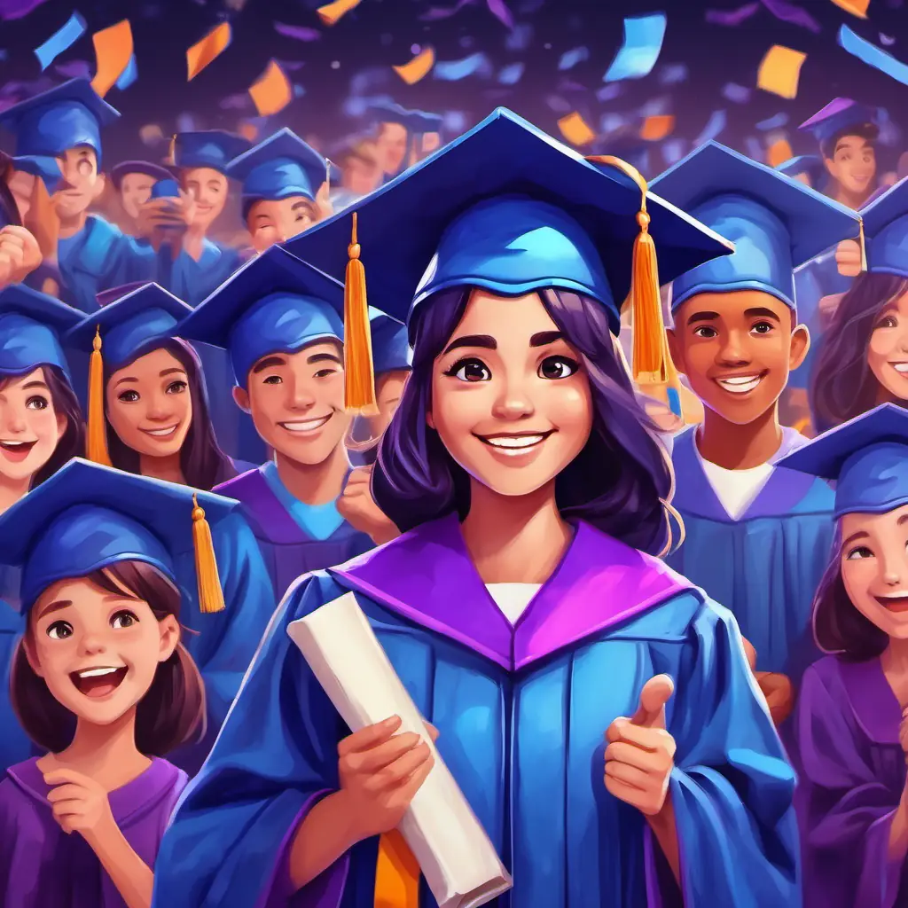 Blue fur, purple eyes, bright smile Friendly and adventurous wearing a graduation cap and gown, holding a diploma in their hands, with a crowd of cheering loved ones in the background.