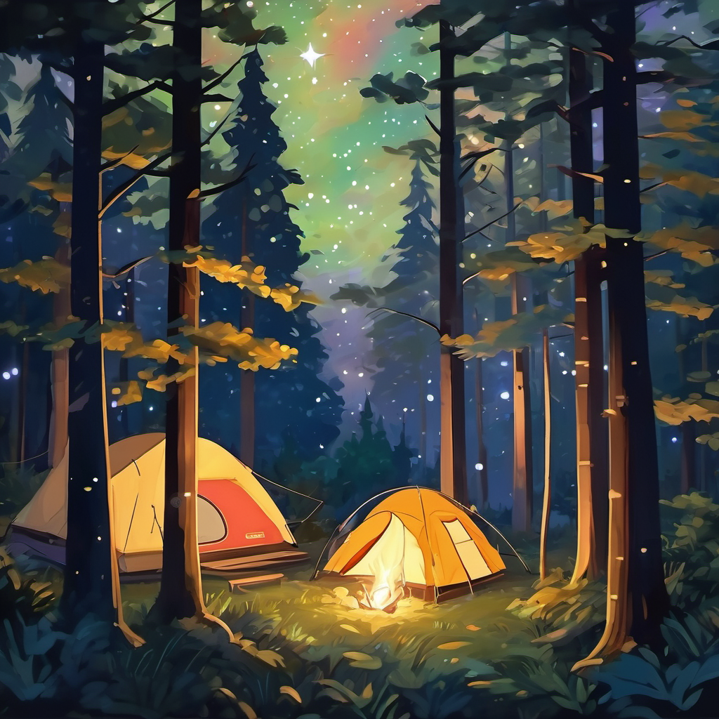 Nighttime campsite in dense woods, twinkling stars