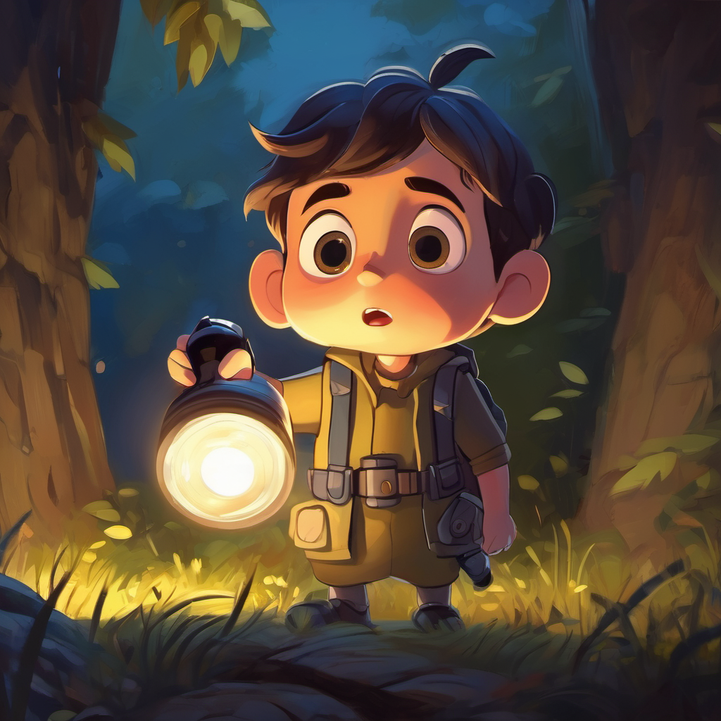 Curious and brave, holding a flashlight holding flashlight, looking scared