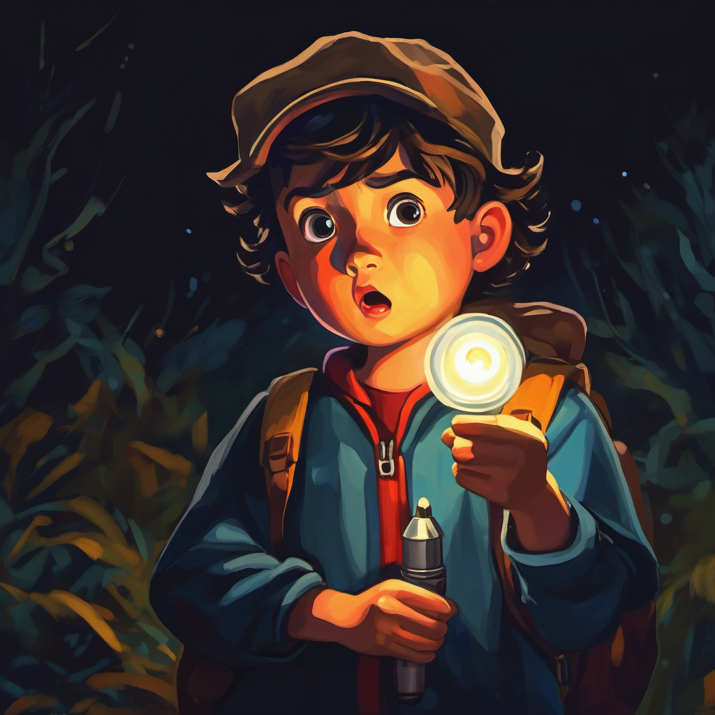 Curious and brave, holding a flashlight yelling into darkness, realizing mistake
