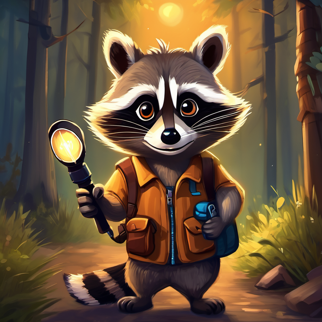 Curious and brave, holding a flashlight giggling, raccoon looking confused