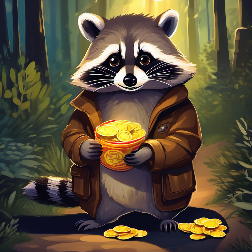 Curious and brave, holding a flashlight offering chips to raccoon, raccoon accepting