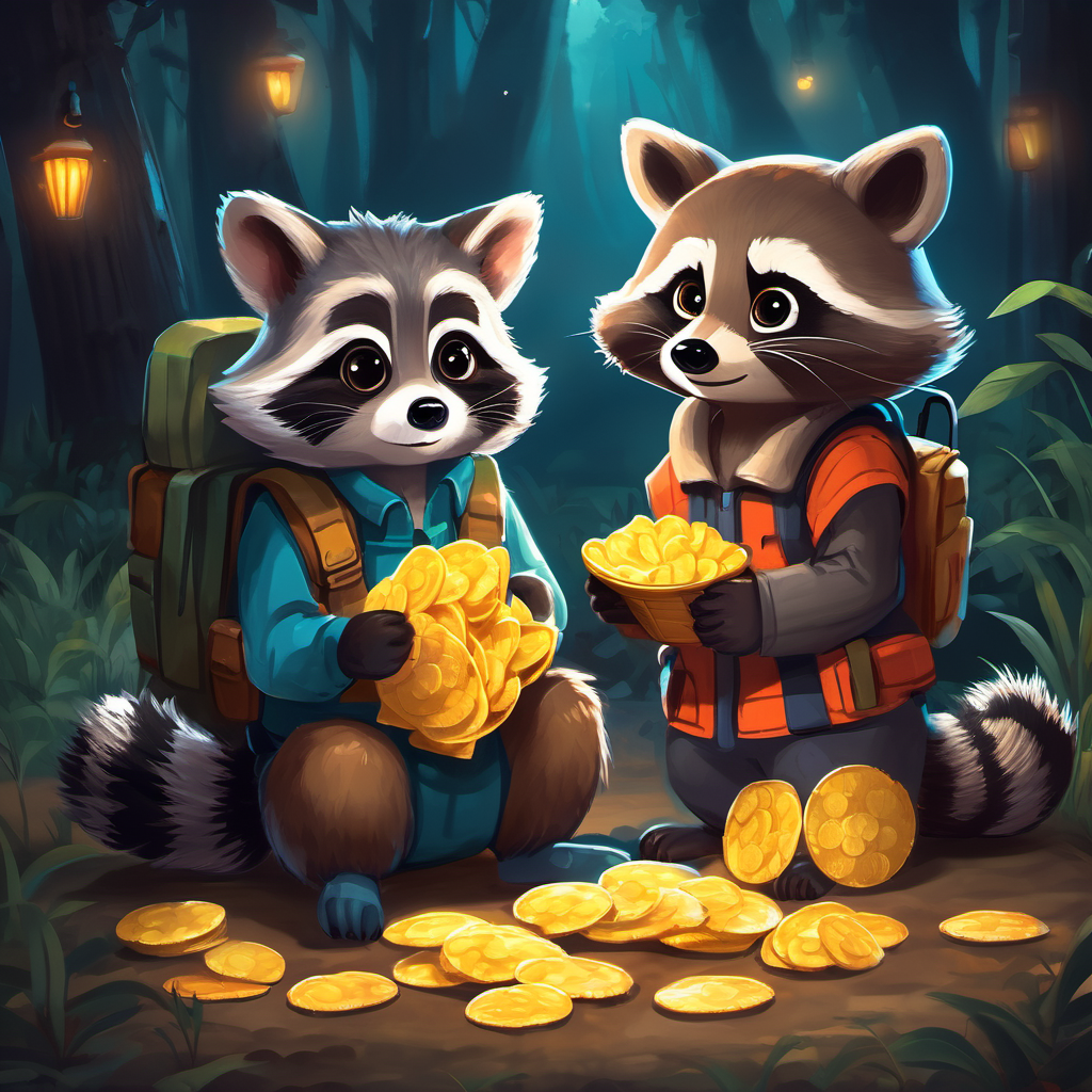 Curious and brave, holding a flashlight and raccoon sitting together, eating chips