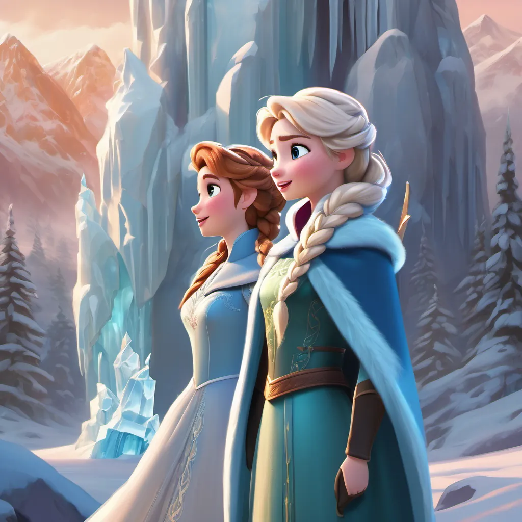Princess Anna and Princess Elsa stare in awe at enormous ice sculptures standing like frozen guardians in a mountain pass. 