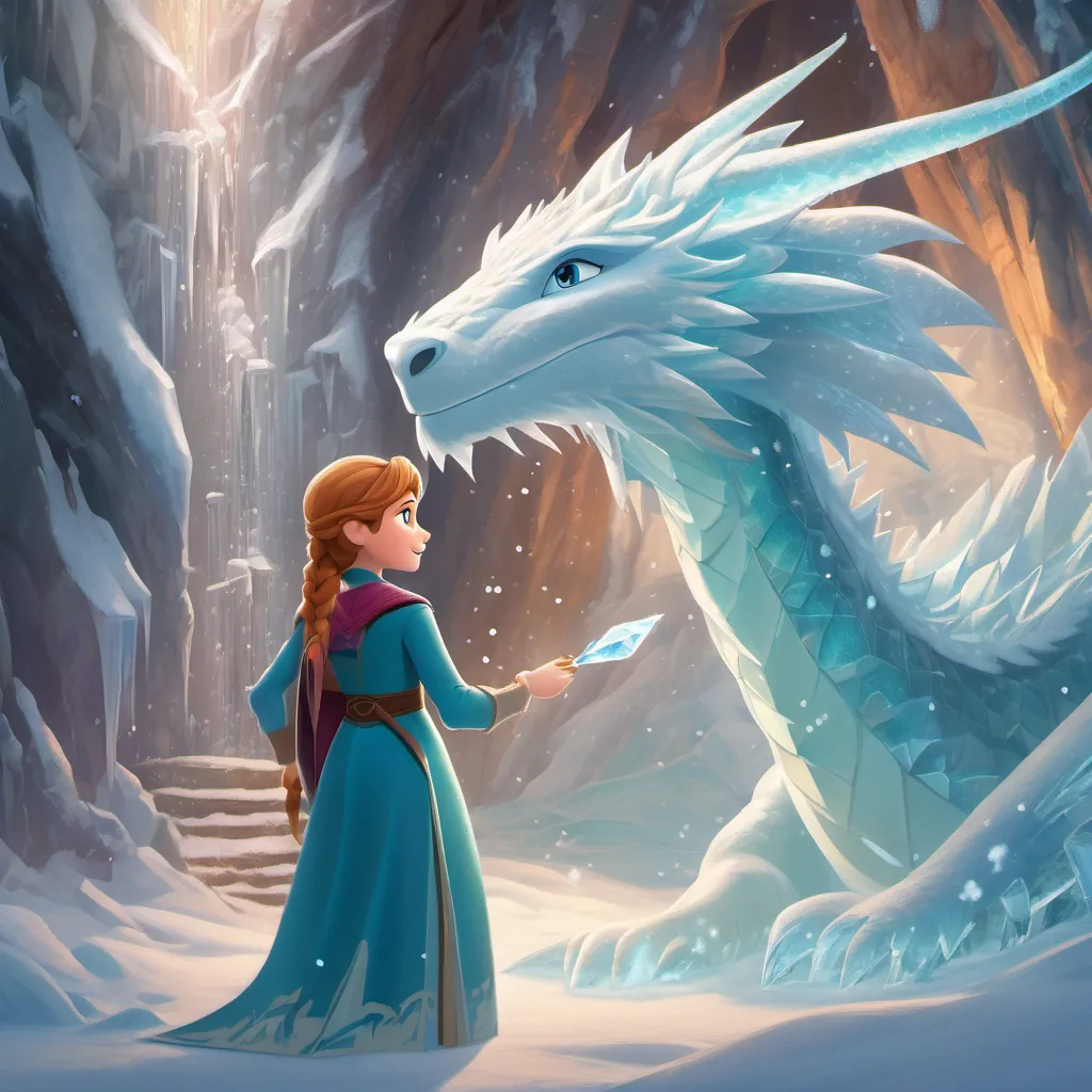 At the entrance of the Ice Cavern, Princess Anna fearlessly faces an enormous ice dragon. Princess Elsa stands behind her, focusing her ice powers to calm the dragon, its body shimmering with thousands of frozen crystals in the icy light.