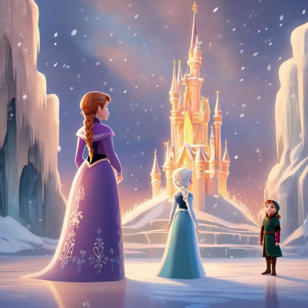 Princess Anna and Princess Elsa stand before a towering ice castle.
