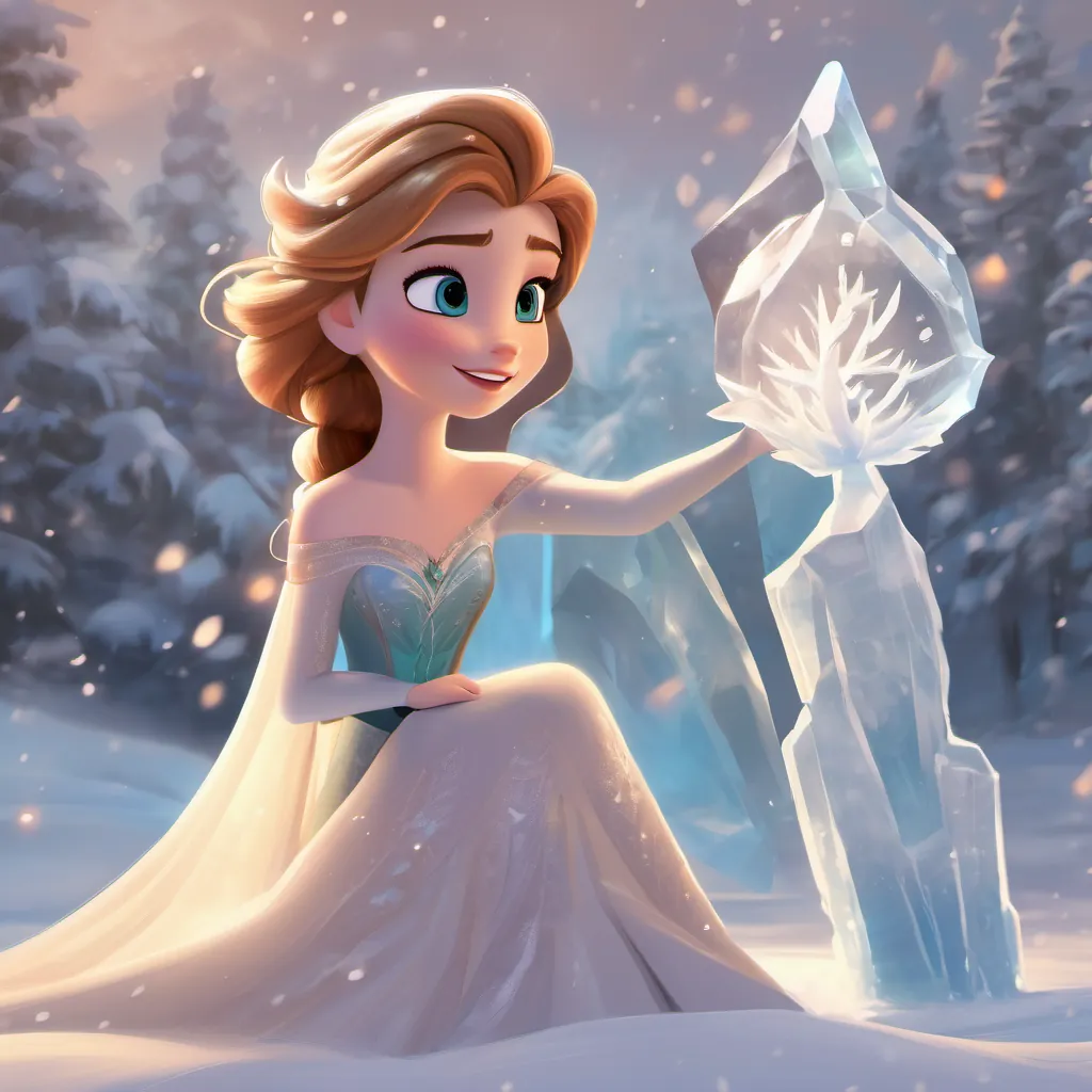 Princess Elsa stands before the Winter Spirit, her hands raised as she creates a beautiful ice sculpture. Princess Anna watches from a distance, as the powerful, ancient spirit of winter slowly begins to calm.