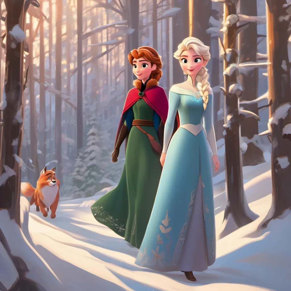 In a snowy forest, Princess Anna walks beside Princess Elsa as they journey into the wilderness.