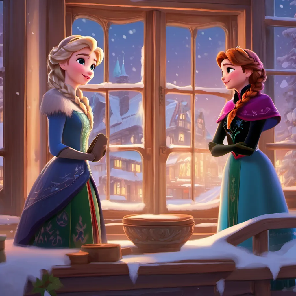 Princess Anna and Princess Elsa stand by their bedroom window, gazing out at the snowy landscape of Arendelle. 