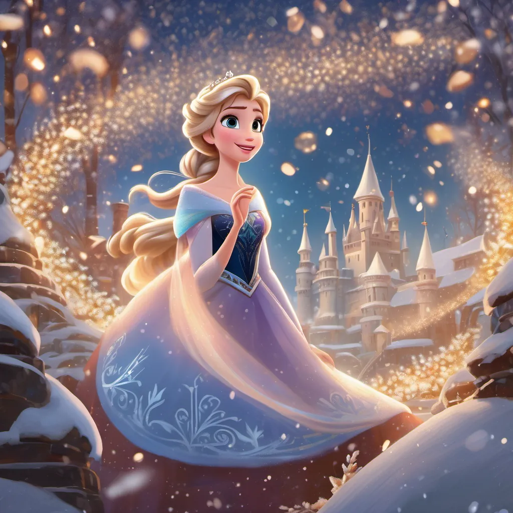 Princess Elsa raises her hand, sensing the magic in the swirling snow. Princess Anna looks on with curiosity as the snowflakes dance around them in unusual patterns. 