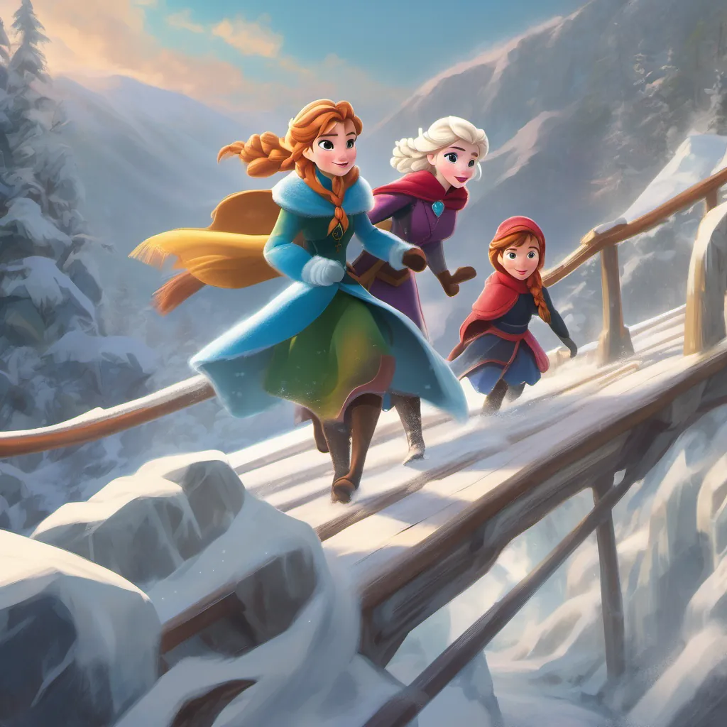 On a steep mountainside, Princess Anna and Princess Elsa battle through heavy snow and icy winds. Elsa creates a frozen bridge with her magic while Anna leads the way, climbing determinedly through the harsh, wintry landscape.