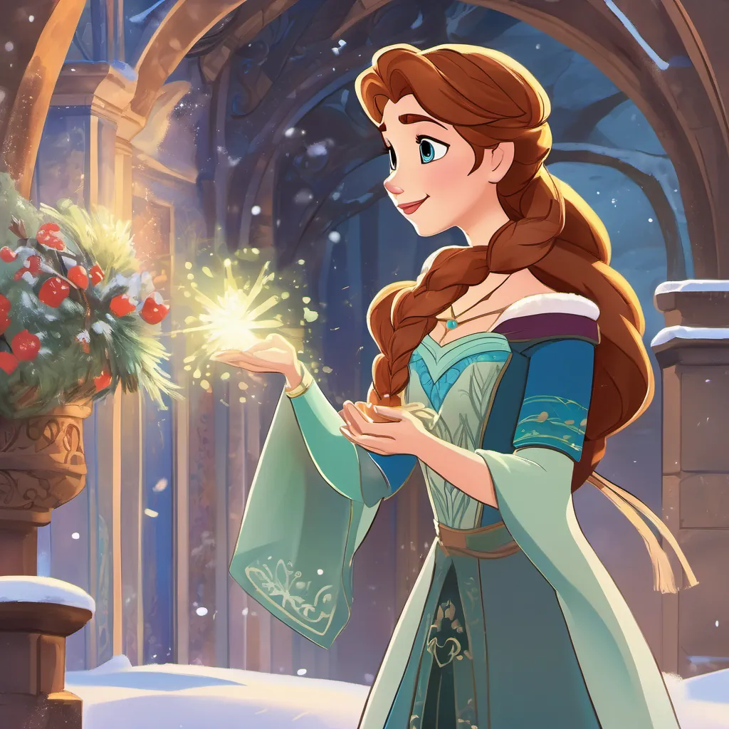 Princess Anna, full of energy, gestures enthusiastically as she asks Isolde about the solution. Princess Elsa stands ready to face the upcoming challenge, her icy powers glowing faintly in the cold air around her, signaling her readiness to confront the danger.