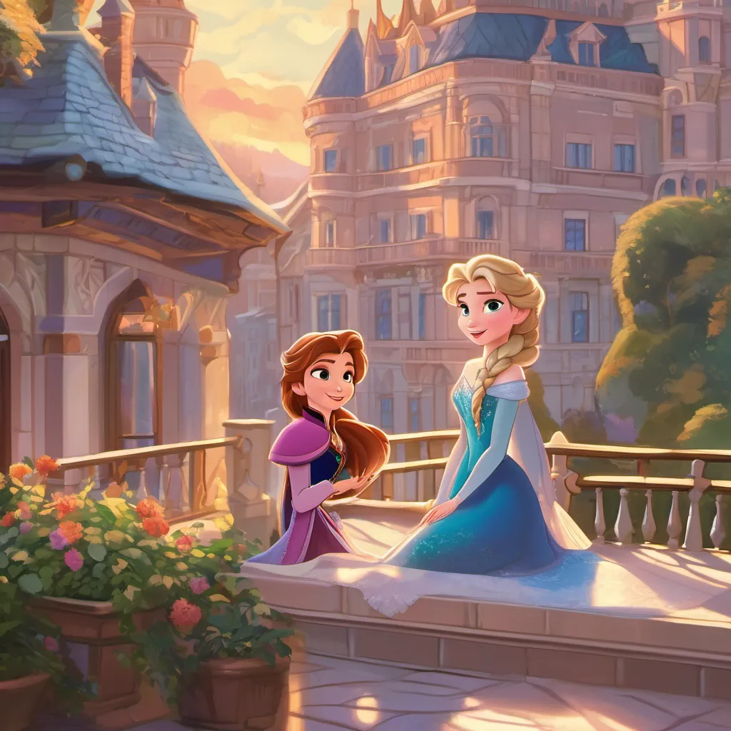 On the palace balcony at sunset, Princess Anna and Princess Elsa sit side by side, watching the last bits of snow melt away. The kingdom is peaceful, and the sisters smile, knowing they’ve saved Arendelle once again, ready for whatever comes next.