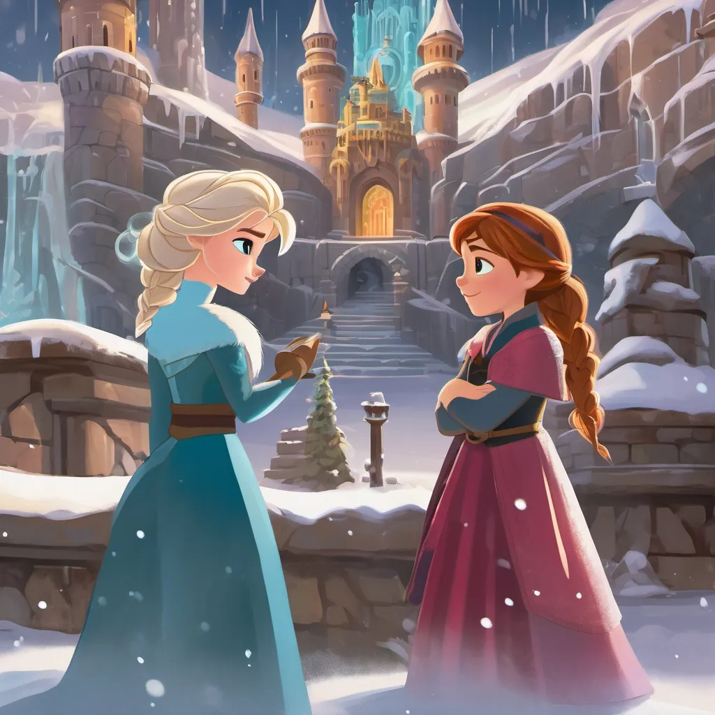 Inside the grand ice castle, Princess Elsa listens intently as Isolde explains the chaos in the weather. Princess Anna stands beside her, her expression a mix of concern and determination, as the sisters learn about the dangers threatening Arendelle.