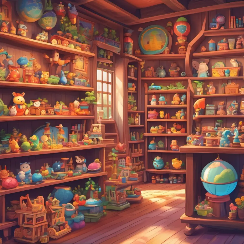 whimsical toy store, colorful shelves, toys neatly arranged