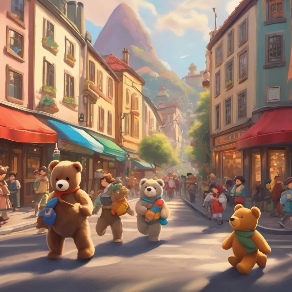 varied toys marching through a busy street, teddy bear leading