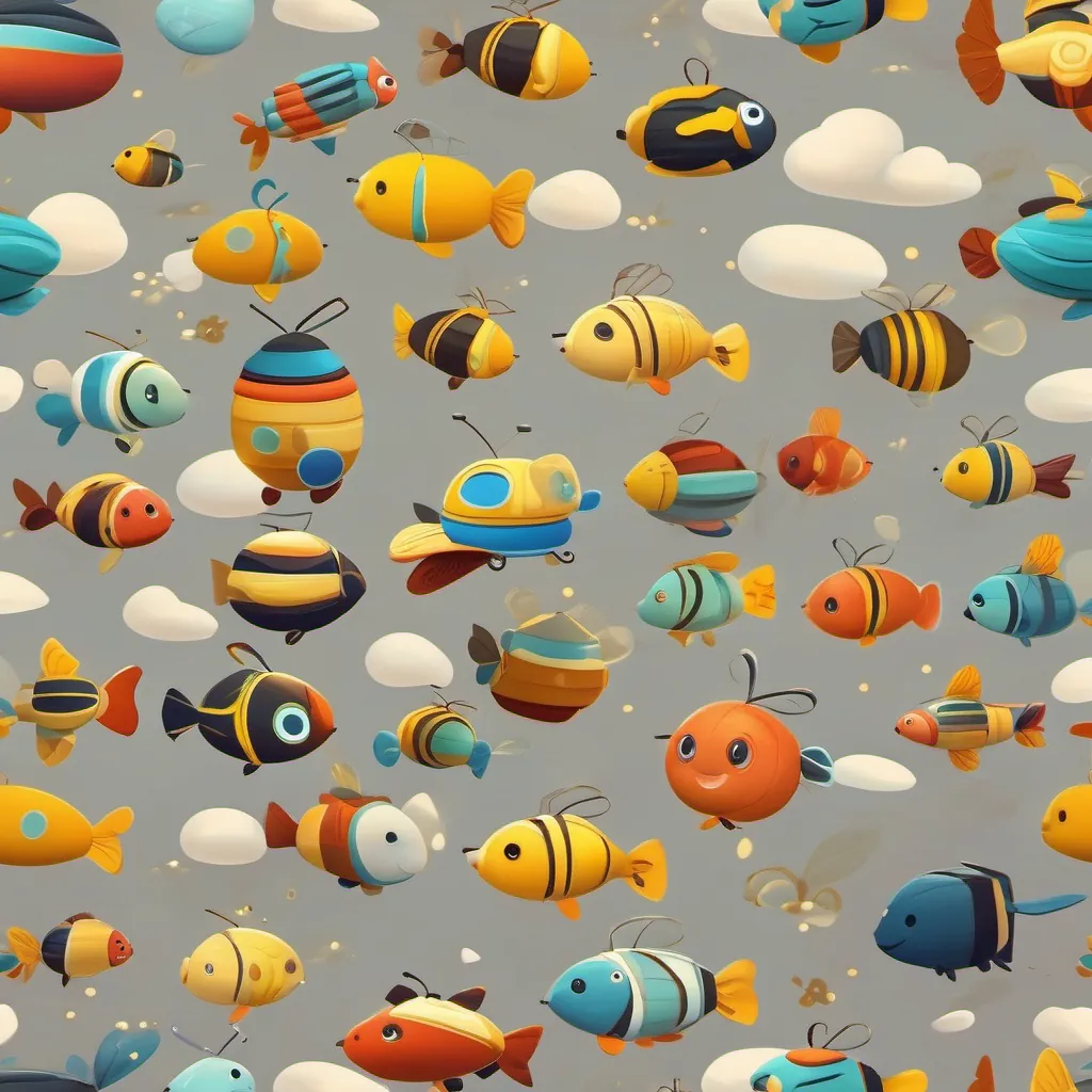toy bee flying, toy fish moving, all toys happy
