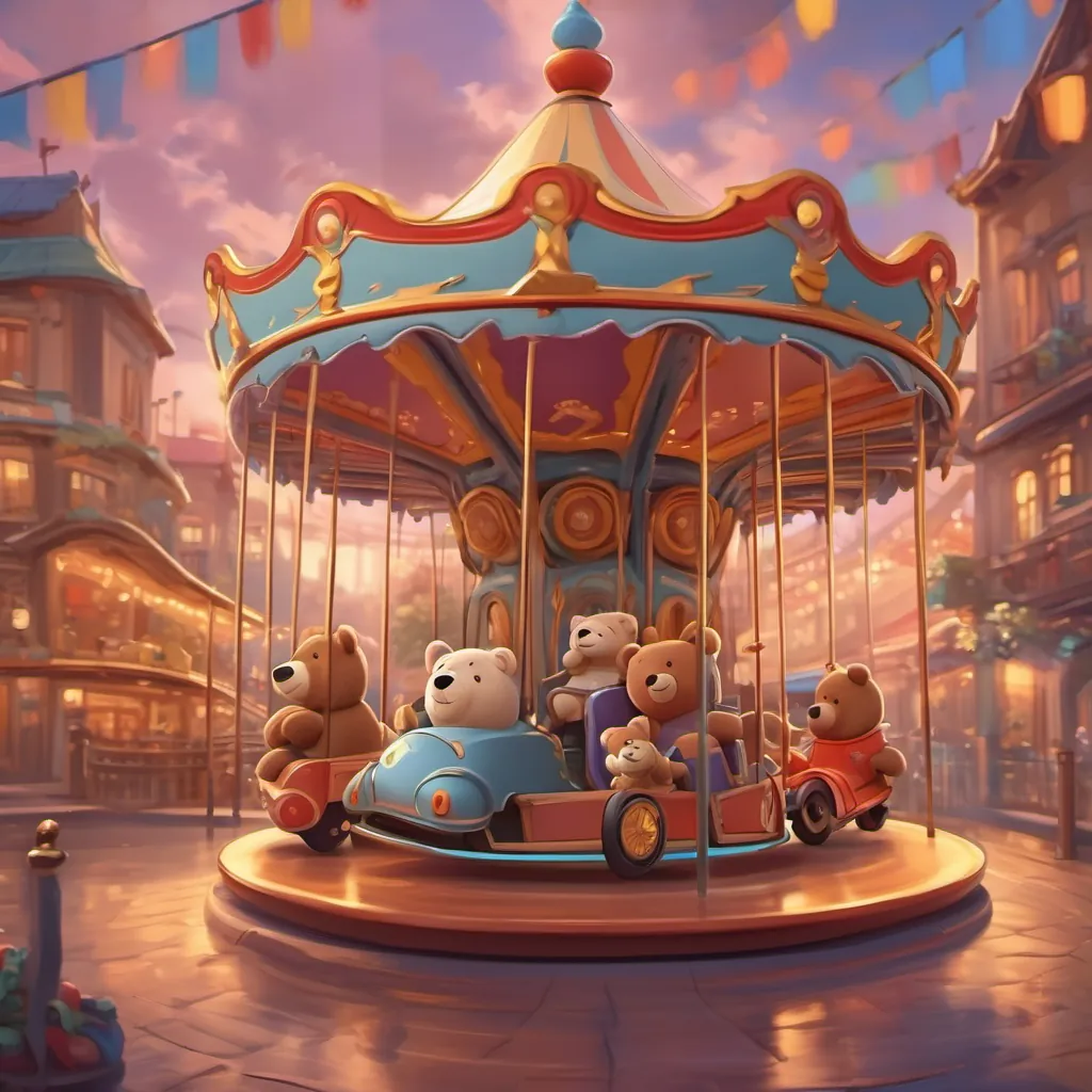 teddy bear on the merry-go-round, toy cars zooming