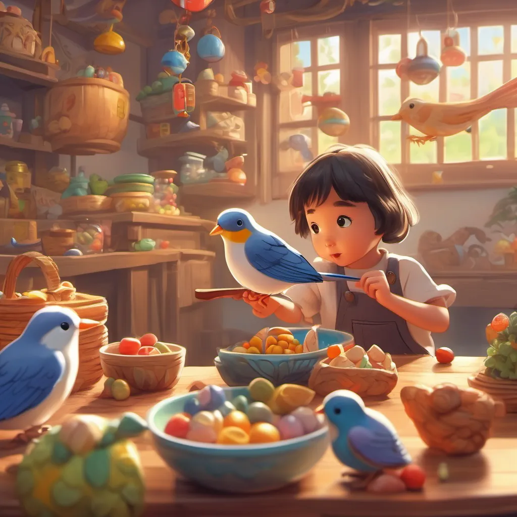 toys munching on snacks, toy bird nibbling