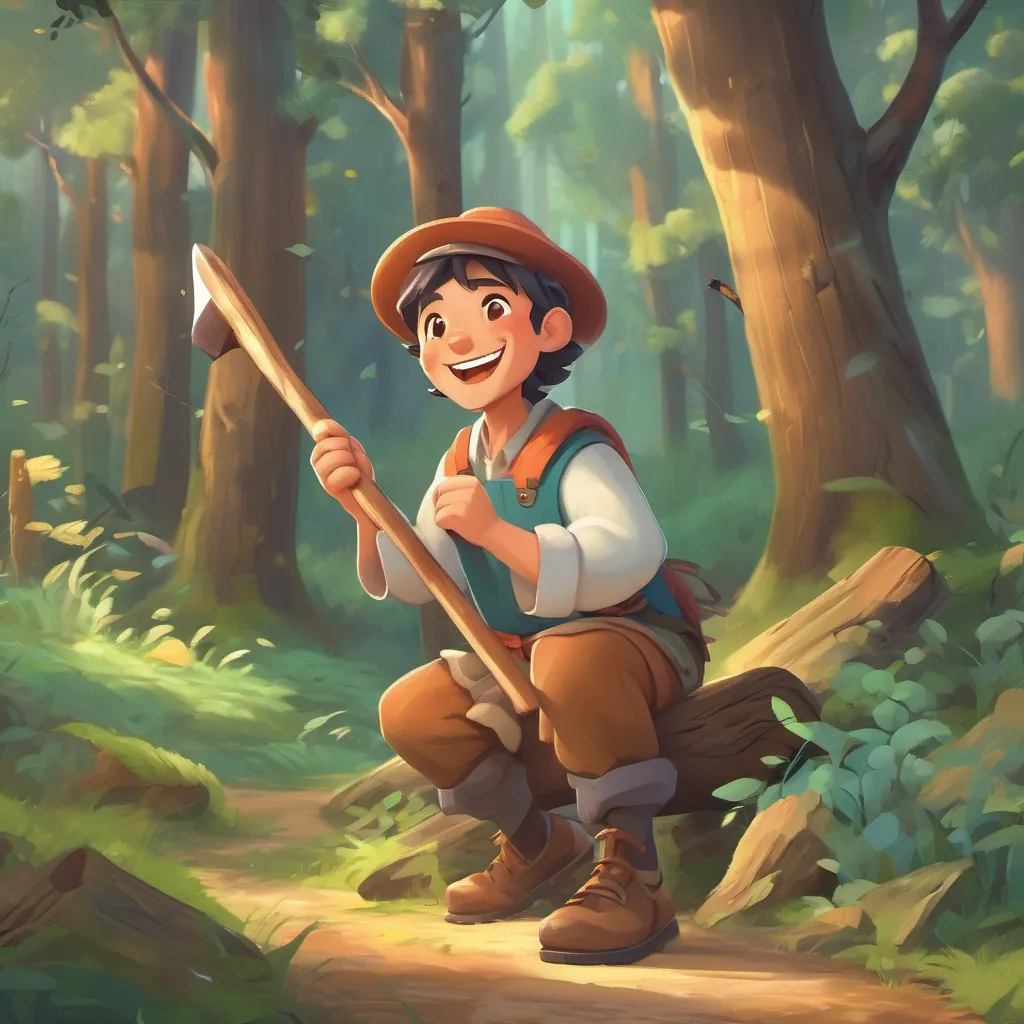A cheerful woodcutter A cheerful woodcutter with a plain, wooden axe, dressed in simple, colorful clothes, with a broad, honest smile in a magical forest, singing while he chops wood.
