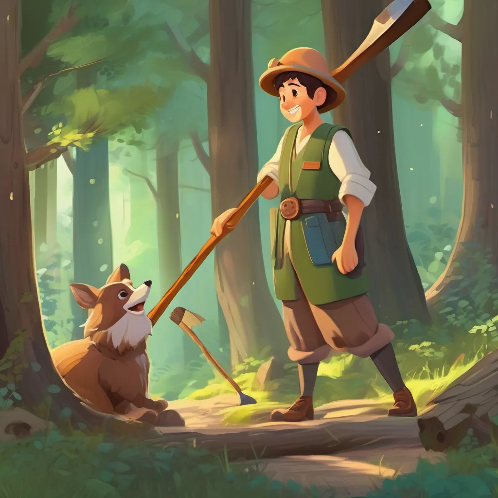 The forest trees with faces whispering praises about A cheerful woodcutter with a plain, wooden axe, dressed in simple, colorful clothes, with a broad, honest smile's honesty.