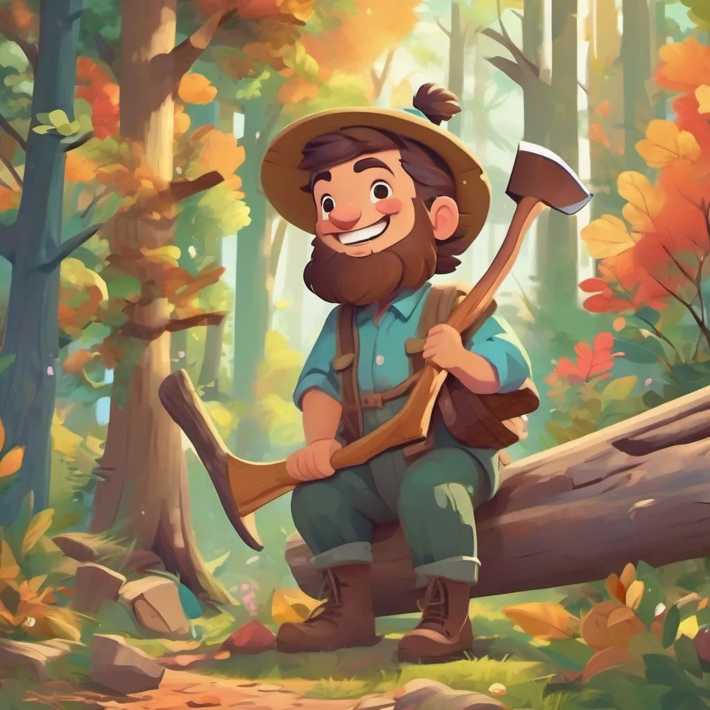 A thriving forest with happy trees and A cheerful woodcutter with a plain, wooden axe, dressed in simple, colorful clothes, with a broad, honest smile chopping wood, surrounded by colorful foliage.