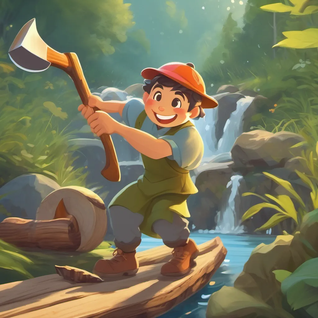 A cheerful woodcutter with a plain, wooden axe, dressed in simple, colorful clothes, with a broad, honest smile chopping wood near a sparkling river with frogs jumping around.