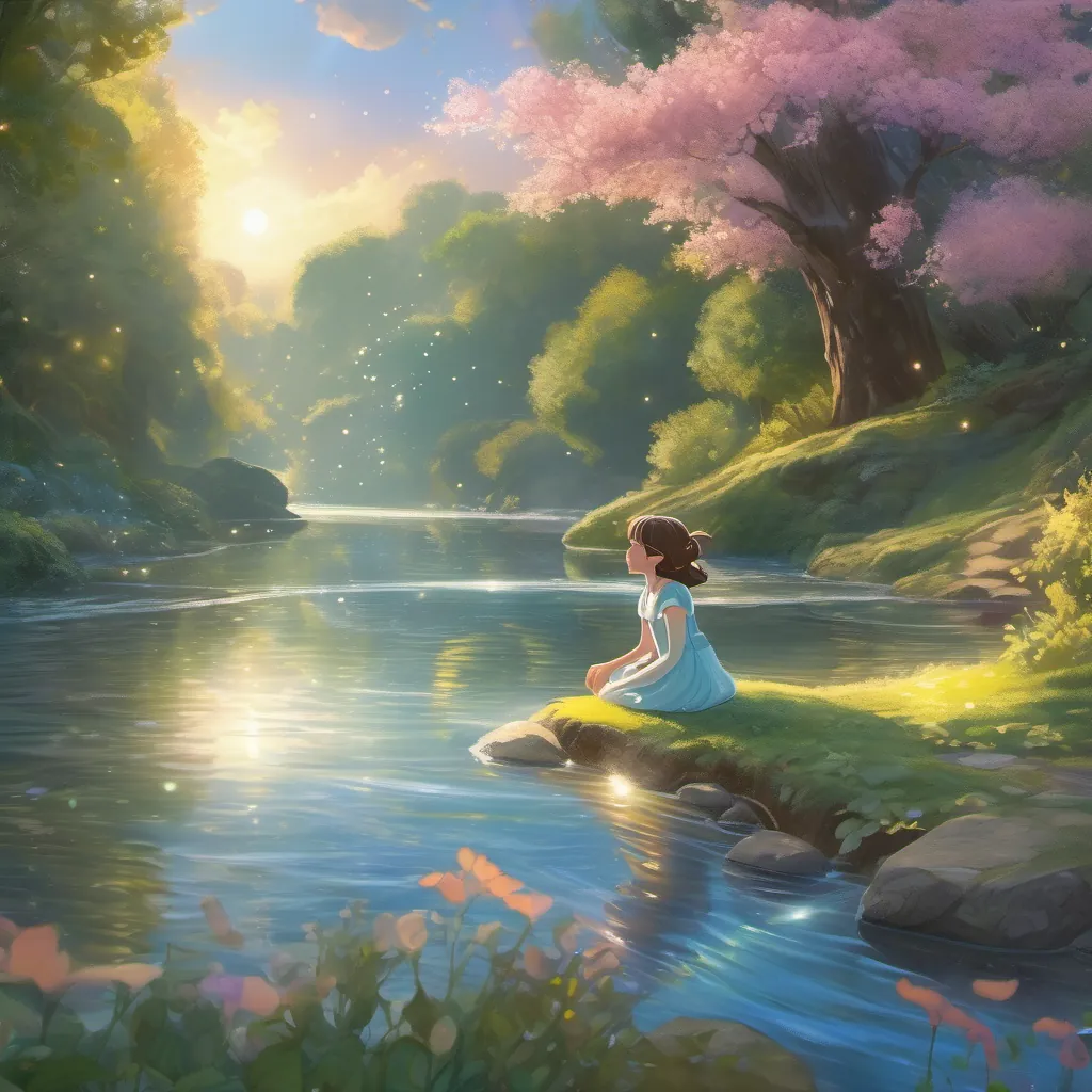 A shimmering fairy emerging from the bubbly river, with beams of light surrounding her.