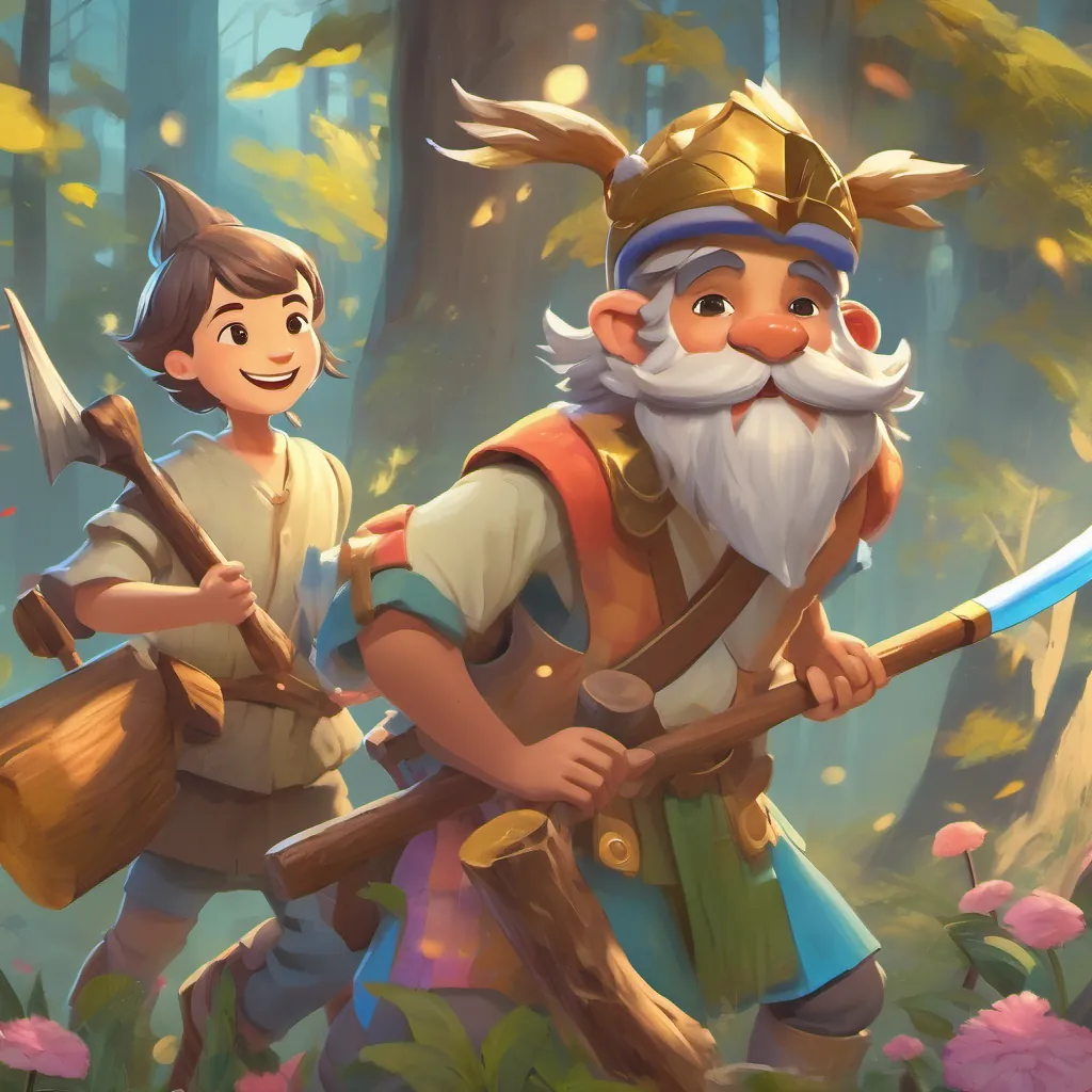 The fairy holding a golden axe, with A cheerful woodcutter with a plain, wooden axe, dressed in simple, colorful clothes, with a broad, honest smile looking at it with surprised eyes.
