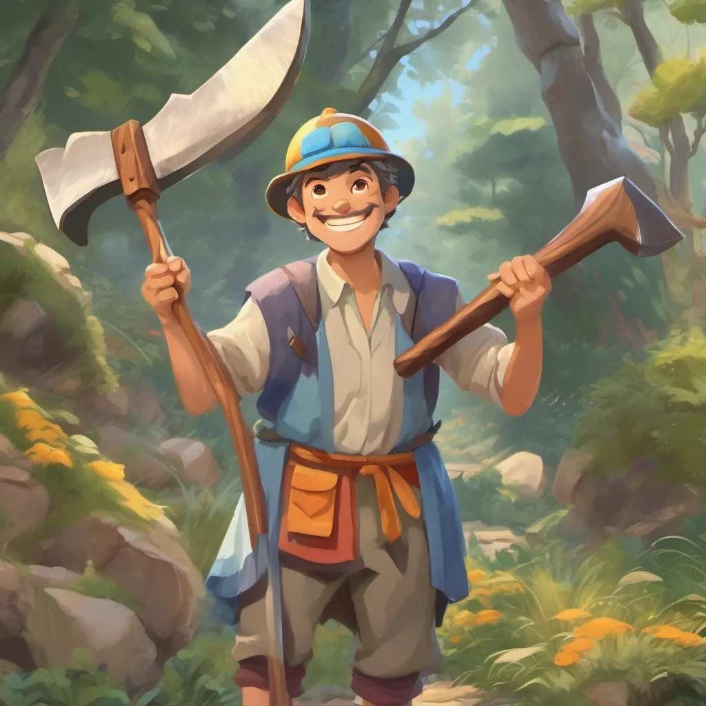A cheerful woodcutter with a plain, wooden axe, dressed in simple, colorful clothes, with a broad, honest smile shaking his head as the fairy holds out a shimmering silver axe.