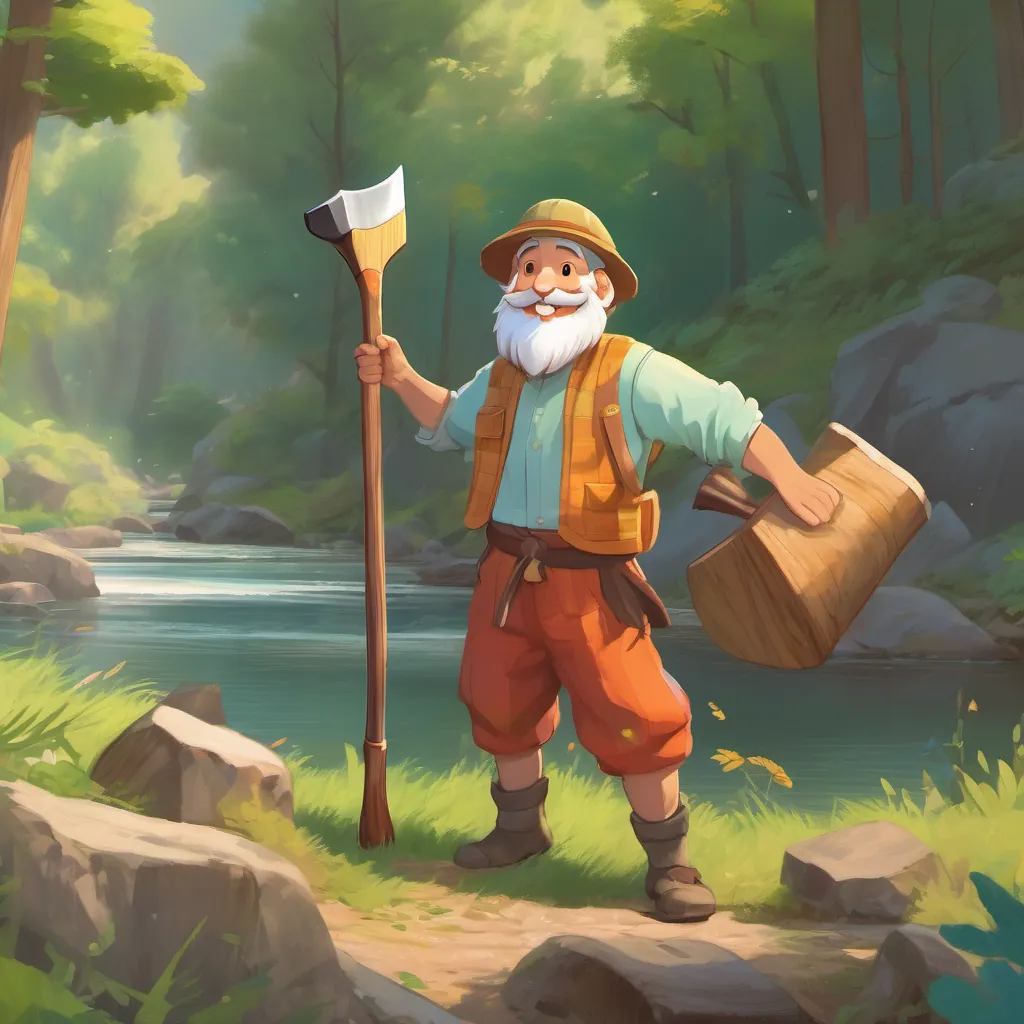 A cheerful woodcutter with a plain, wooden axe, dressed in simple, colorful clothes, with a broad, honest smile politely shaking his head while the fairy looks even happier, ready to dive back into the river.
