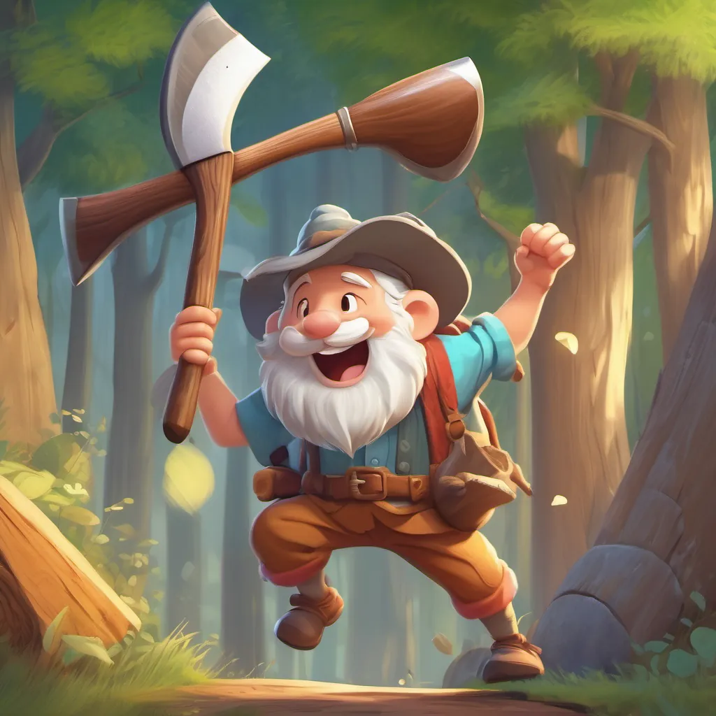 A cheerful woodcutter with a plain, wooden axe, dressed in simple, colorful clothes, with a broad, honest smile jumping with joy as the fairy presents his plain wooden axe.