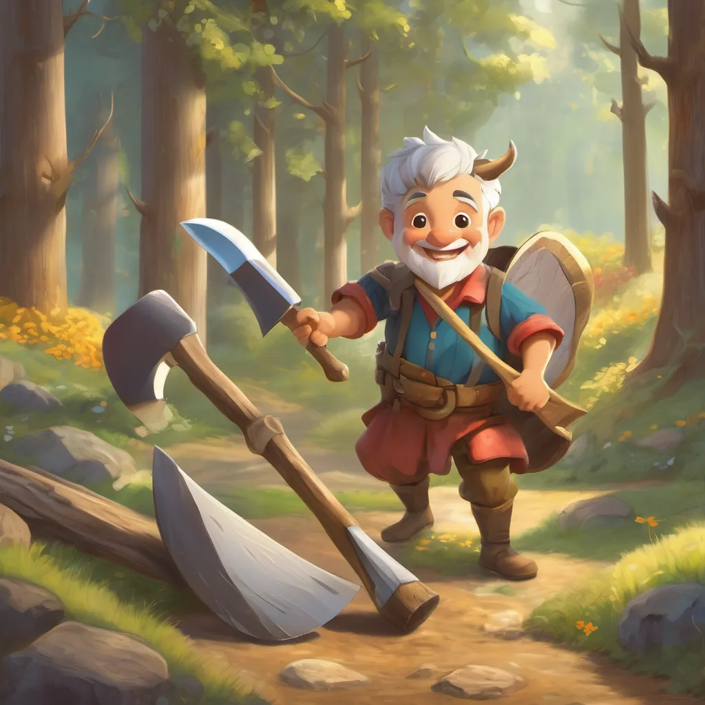 The fairy presenting all three axes—golden, silver, and wooden—to a delighted A cheerful woodcutter with a plain, wooden axe, dressed in simple, colorful clothes, with a broad, honest smile.