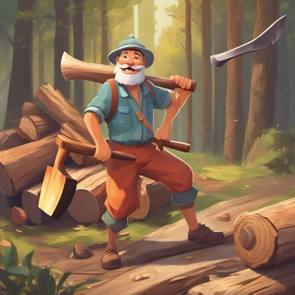 A cheerful woodcutter with a plain, wooden axe, dressed in simple, colorful clothes, with a broad, honest smile happily chopping wood with all three axes, singing joyfully.