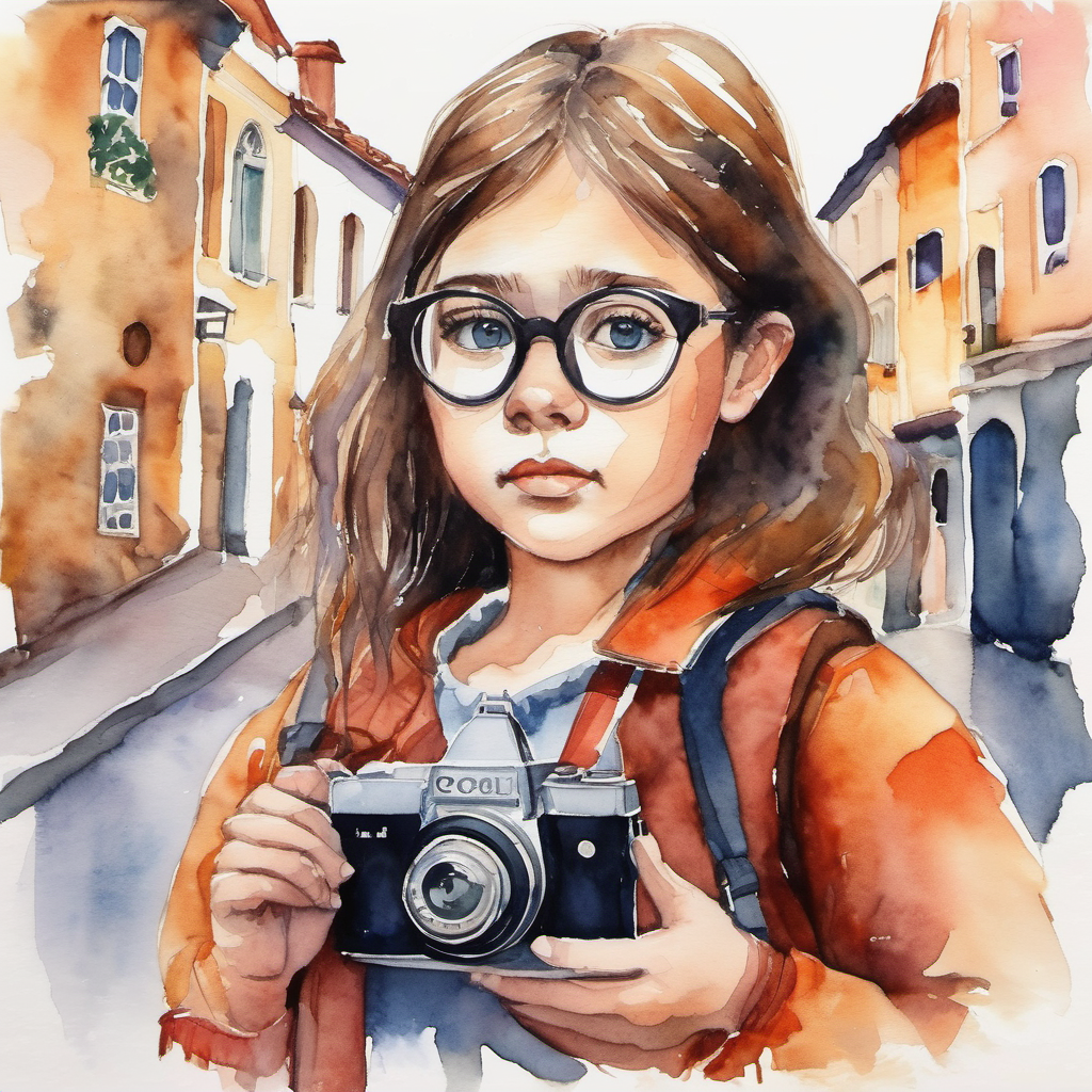 A worried girl named SAL-I, a brave girl with glasses and a camera. in a peaceful town