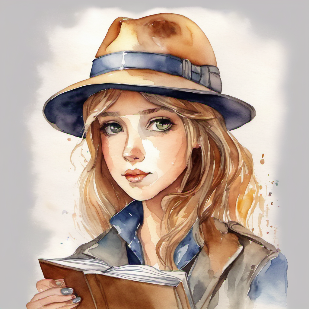 SOL-I, a determined girl with a detective hat and a notebook. with a detective hat and a notebook