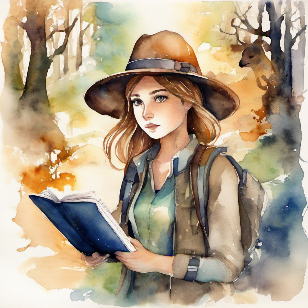 SOL-I, a determined girl with a detective hat and a notebook. finding hidden clues and encountering supernatural creatures